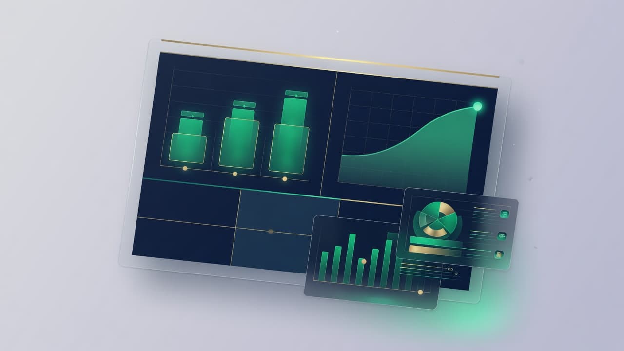 Stylized DuckLedger financial dashboard with emerald charts on a navy panel
