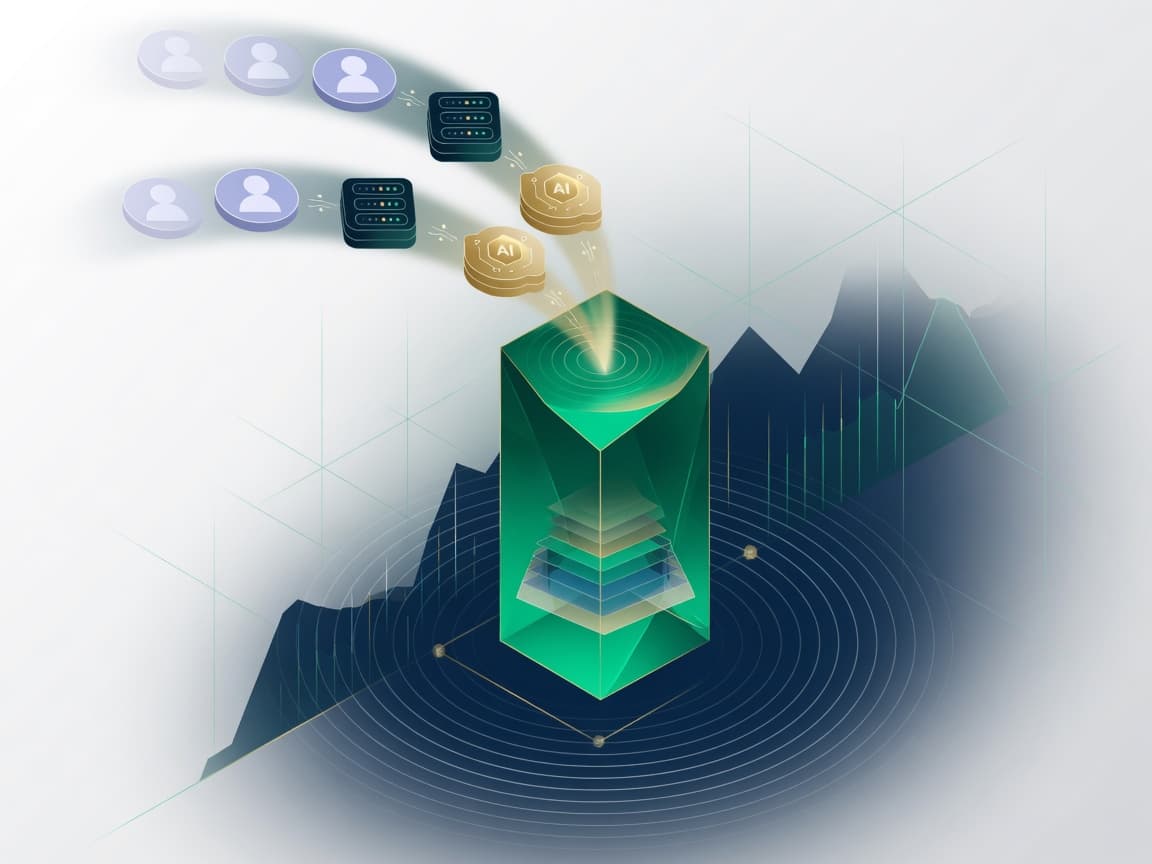 Abstract illustration of operational metrics flowing into a unit-cost prism